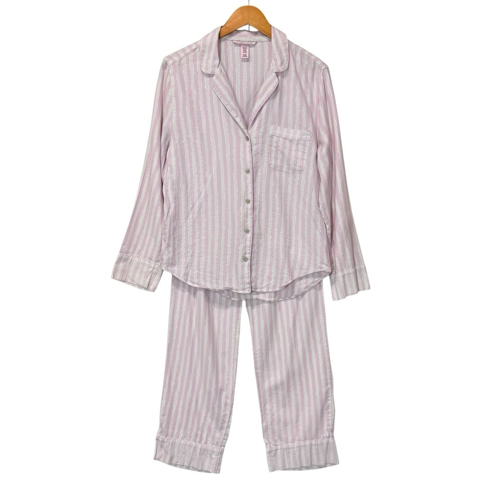 Victoria's Secret Pajama Set Women's Size Small Long Pink White Metallic Stripe
